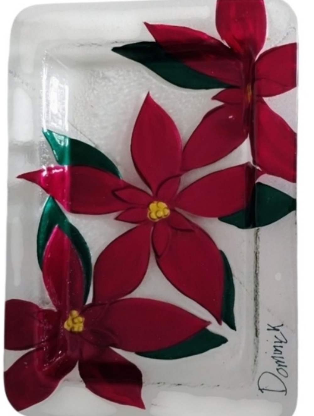 Glass Decorative Tray with Red and Green Poinsettia Design